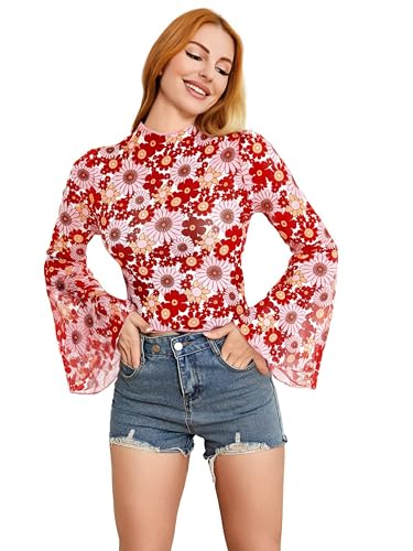 Verdusa Women's Bell Sleeve Lettuce Trim Mock Neck Floral Mesh Top Crop T Shirt Orange Pink M