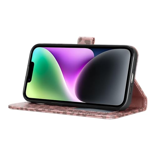 Image of for iPhone 14 Case Wallet with Card Holder,for iPhone 13 Wallet Case for Women Men,PU Leather Shockproof Magnetic Buckle Stand Flip Phone Case-Rose Gold Leopard