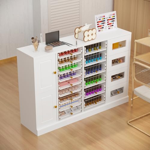 WOODTIME 47.2" W Manicure Storage Display Cabinet with Acrylic Fronts and 19 Drawers, Nail Polish Makeup Skincare Cabinet with Shelves for Beauty Salon, White
