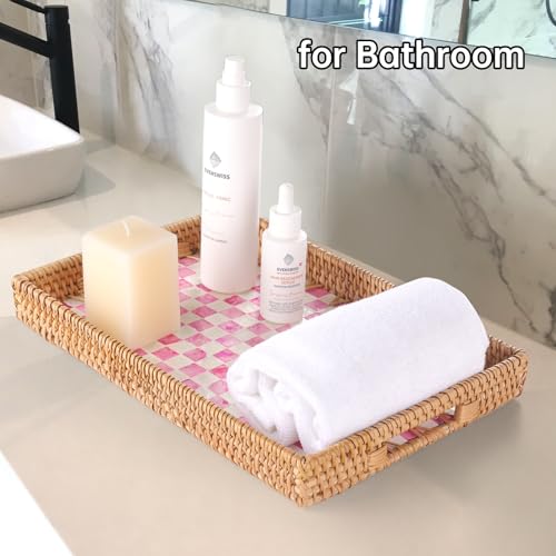 Tynulox Rectangle Rattan Tray with Mother of Pearl Inlay, Rattan Serving Tray with Handle for Coffee, Bread, Fruits, Decorative Wicker Tray for Table Decor (Rectangle Pink Checkerboard, 13"×9") by Tynulox - Used condition - Image 7