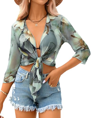Image of Aiboria Womens 3 /4 Sleeve Shrug Sheer Mesh Bolero Tie Front Cropped Cardigan S-XXL