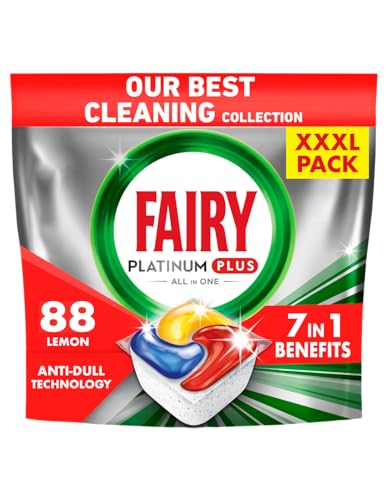 Fairy Platinum Plus - Pastillas para lavavajillas todo en uno, 88 unidades, fragancia a limón, brillo y prevención de piedra
