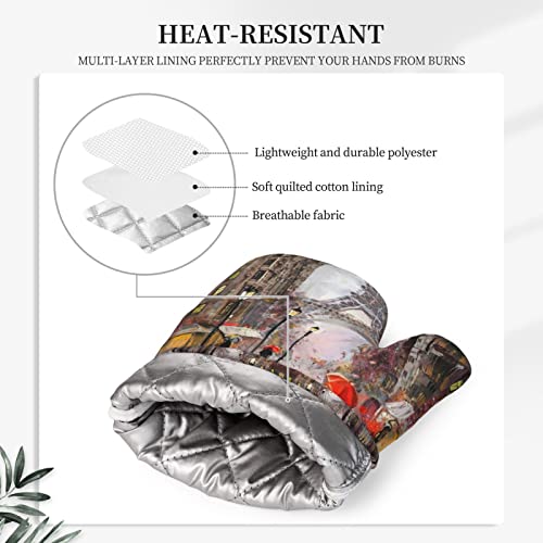 Rainy Street In Paris Printed Oven Mitts And Pot Holders Sets Non-Slip Anti-Scalding Glove Mitt For Cooking Kitchen Mitt Potholders 2 Piece Set #TOP4