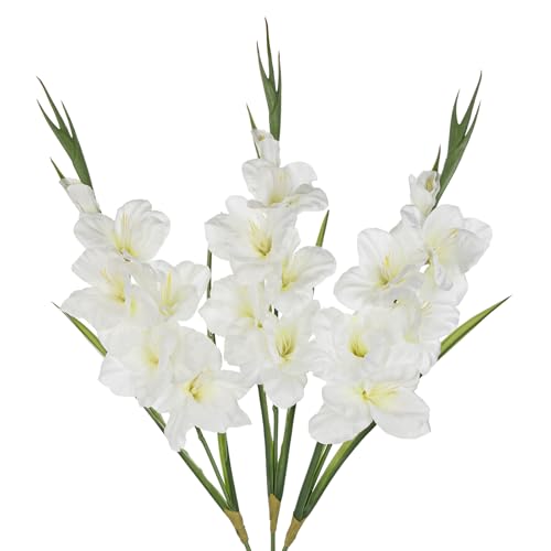 Oairse Lot de 3 fleurs artificielles de glaïeul blanc en soie avec tiges pour vase, printemps, été, décoration d'intérieur, décorations florales artificielles pour...