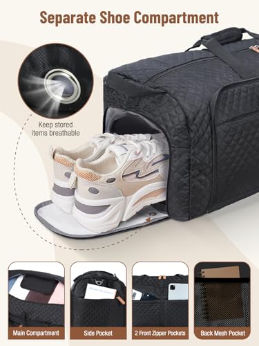 Image of Lekesky Foldable Travel Duffel Bag for Women, 80L Large Duffle Bag with Separate Shoes Compartments & Straps, Carry On Weekend Bag for Women, Hospital, Overnight(Black Quilted)