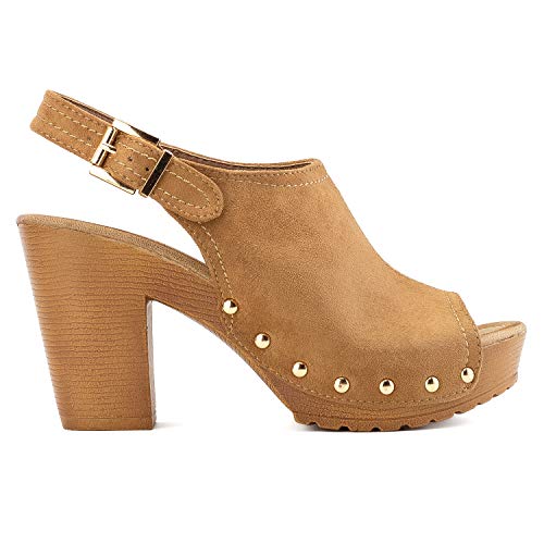 Rf Room Of Fashion Women's Peep Toe Platform Chunky Heel Mule Sandals Camel-C1 Size.8.5 #TOP2