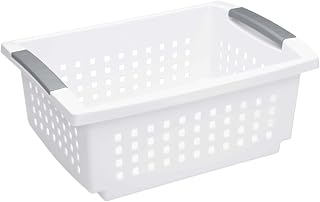 Medium White Stacking Storage Basket, Open Organizer Bin With Space Saving Design For Pantry, Office, Kitchen, Dorm Room And Home Organization