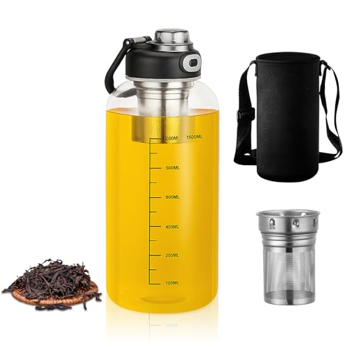 Bouteille à thé en verre avec passoire, 1,5 l, gourde en verre 2 voies de boisson, design unique – Bouchon unique, réutilisable, 1,5 l