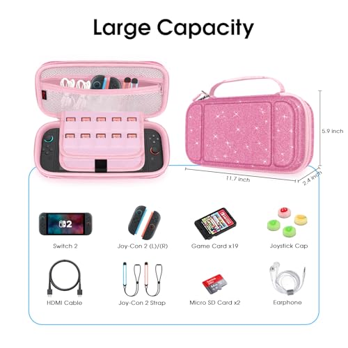 FINTIE Carrying Case for Nintendo Switch 2 (2025), Shockproof Hard Shell Switch 2 Case, Protective Cover Travel Bag with 19 Game Card & 2 Micro SD Card Slots & Inner Pocket, Glittering Pink by FINTIE - Image 8