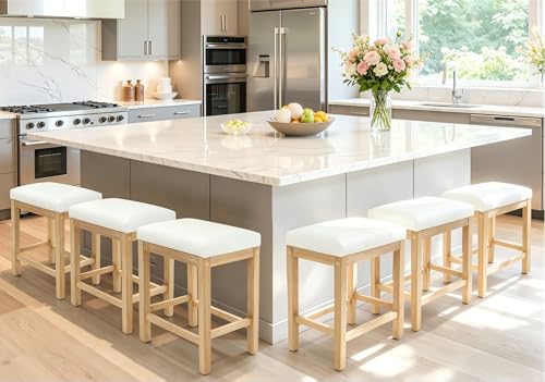 Image of RNKSFX Counter Height White Bar Stools Set of 6 for Kitchen Counter Farmhouse Modern Barstools with Faux Leather Upholstered Backless Seat and Solid Wood Legs 24 inch Bar Chairs, White + Wood Color