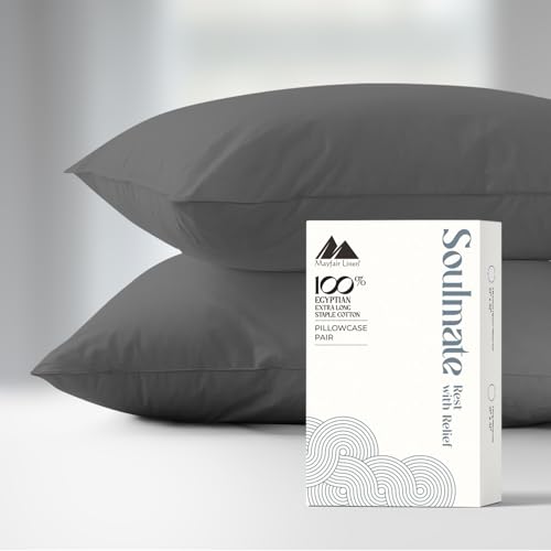 Mayfair Linen 100% Egyptian Cotton Pillow Cases Queen Size Set of 2 - Luxury 500 Series Soulmate Collection Cotton Pillowcases (Dark Grey), Silky Soft, Cooling & Breathable Standard Size Pillow Case