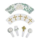 Baptism Cupcake Toppers and Wrappers, God Bless Party Decorations (96 Pieces)