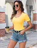 Aottori Letnie Topy dla Kobiet UK, Krótki Rękaw, Podstawowa Koszulka Damska, Dekolt w Szerę, Żakardowa Dzianina, Koszulki Damskie, Paski, Slim Fit, Bawełniane, Casual, Tunika, Top, ŻÓŁTY, L