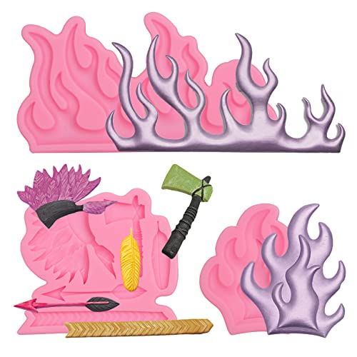 Flame Candy Molds, Set of 3, Silicone Fire Cake Decorating Molds, Axe Feather Arrow Indian Theme Chocolate Baking Tools for Cupcake Topper Cookie Fondant Clay Resin DIY Crafts