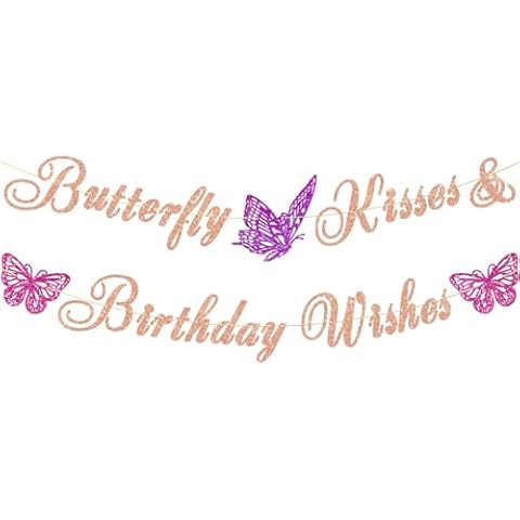 Ushinemi Glitter Butterfly Birthday Decorations Rose Gold Butterfly Kisses and Birthday Wishes Banner for Girl, Butterfly Themed Birthday Party Supplies Cover