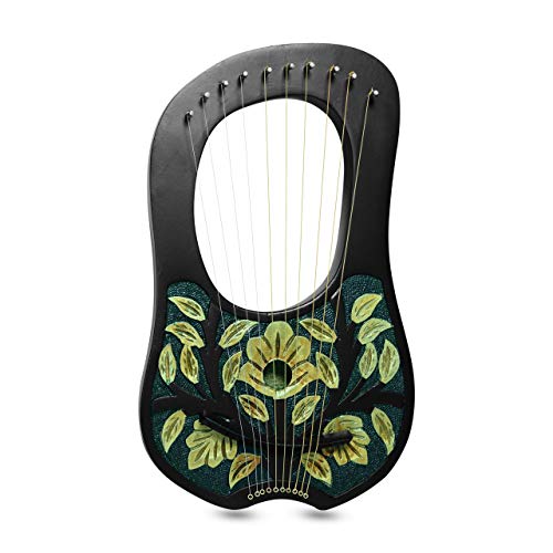 10 Metal Strings Lyre Harp Engraved Floral Golden/Green Design Black Finish Tuning Key, Carrying Bag #TOP21
