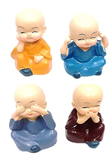 Image of AUGEN Polyresin Set of 4 Buddha Monks Statues Figurines Showpiece for Wall Shelf Table Desktop Living Room Car Dashboard Decoration Home Office Decor (Multicolour)