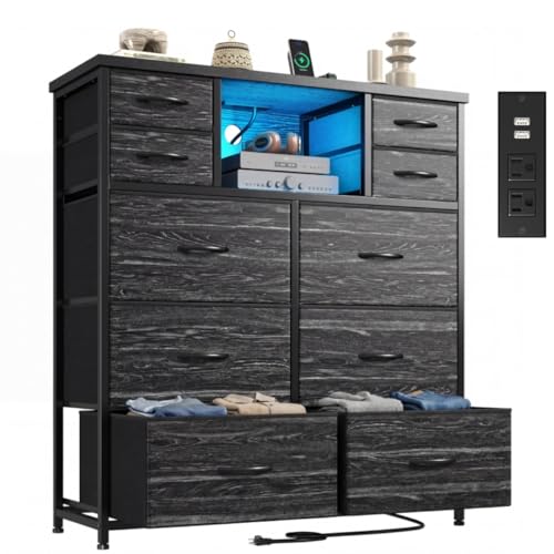 DurayLoly Black Dresser for Bedroom with Charging Station & LED 10 Drawers