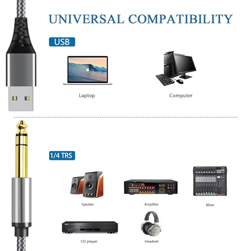 QIMIAOUS USB to 1/4 inch TRS Audio Stereo Cable 6.6FT,USB-A to 6.35mm Quarter inch Aux Jack Stereo Audio Cable for PC, Laptop, Amplifier, Mixer, Home Theater, Speaker ect by QIMIAOUS - Image 2