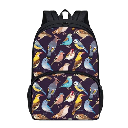 Howilath 17" Large Capacity Backpack with Adjustable Straps, Cute Colorful Birds Print Canvas Backpack Teens Bag Bookbags