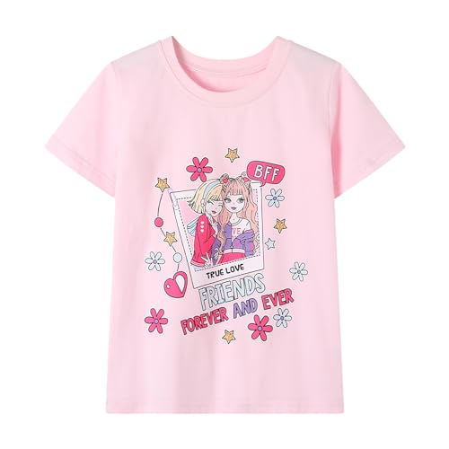 HILEELANG Girl T-Shirts Short Sleeve Graphic Tees Cotton Casual Summer Tops Shirts Packs4