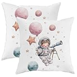 Juego de 2 fundas de cojín con diseño de astronauta para niños, diseño de globo de melocotón y estrella, fundas de cojín decorativas para habitación de los niños, sofá, cama, sofá, 16 x 16 pulgadas