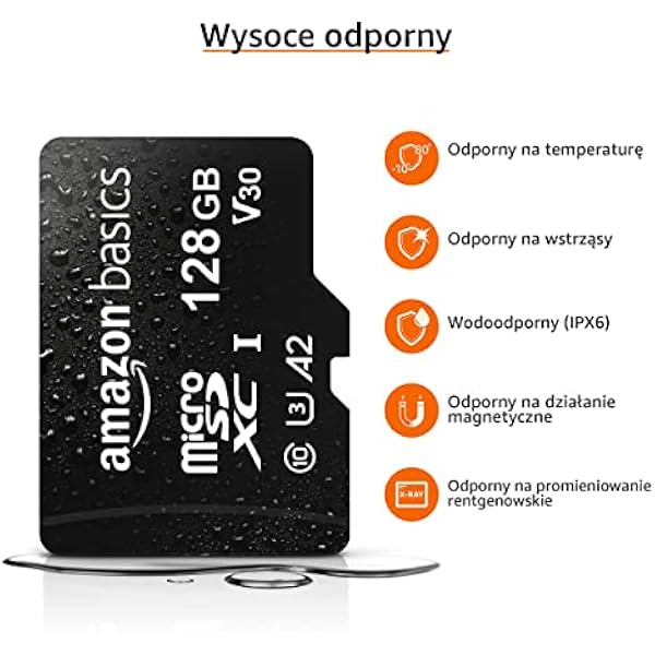 Amazon Basics Karta Pamięci microSDXC z Pełnowymiarowym Adapterem, A2, U3, Prędkość Odczytu do 100MB/s, 128GB, Czarna