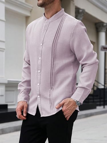 Image of TAGDO Men's Mandarin Collar with Button-Down Shirts | Full Sleeve Linen Casual Shirt for Man | Stylish Summer - Regular Fit Office, Party (2047)