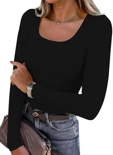 DUOEASE Langarmshirt Damen Basic Slim Fit Einfarbig Top U Ausschnitt Stretch Tshirt Elegant Casual Oberteile Damen