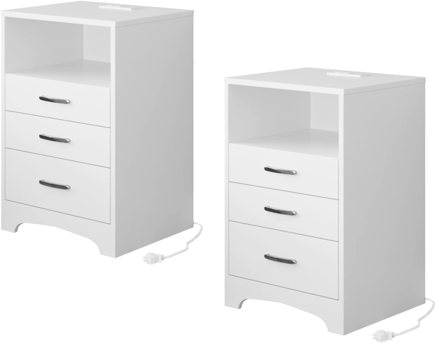 White Nightstand Set of 2 Nightstand with Charging Station, Modern End Side Table with 3 Drawer, Wooden Cabinet Stand by Sofa, Bedside Tables for Bedroom with USB Ports Outlet & Open Storage