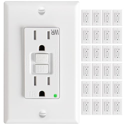 Amico 24 Pack 15 Amp GFCI Outlet with Thinner Design Weather Resistant (WR) Self-Test GFI Receptacles with LED Indicator Wall Plates and Screws Included Indoor or Outdoor White ETL Listed