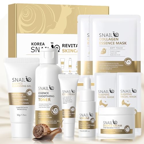 Miioto - Lot de 9 kits de soin du visage pour femme avec lait nettoyant, toner, crème d'escargots, crème pour les yeux, sérum à l'escargot, sérum à escargots, masque de sommeil