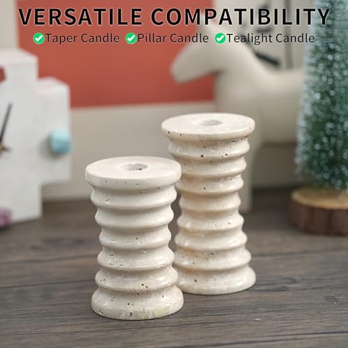 LWALMS Travertine Marble Candlestick Holders - Set of 2 Stone Candle Sticks Holder Decor, Decorative Modern Candle Stands Multi-Purpose for Taper/Pillar/Tealight/Scented Candles — view 4