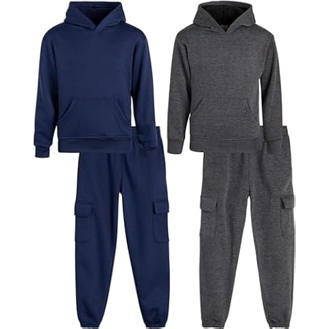 Quad Seven Boys' Fleece Jogger Set - 4 Piece Basic Solid Pullover Hoodie and Cargo Jogger Sweatpants (Size: 8-18), Size 12-14, Navy/Charcoal Cover