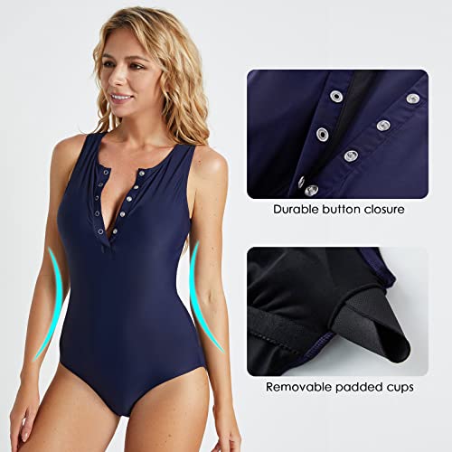 Baleaf Women's Trendy V Neck Flattering Slimming One Piece Swimsuits Built In Bra Sleeveless Tank Bathing Suits Dark Blue M #TOP3