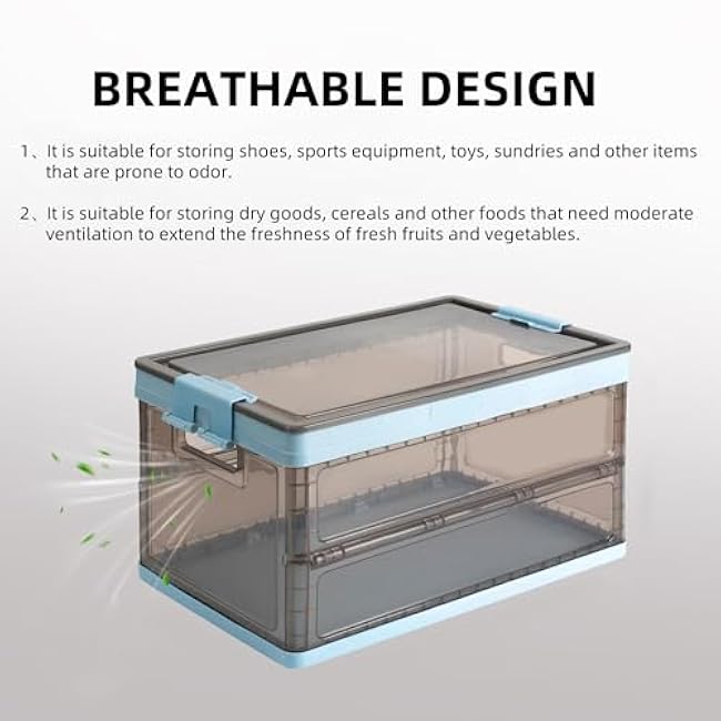 Collapsible Storage Container with Lid and Latches, Clear Stackable Plastic Tote Bin with Handles for Clothes, Sweater, Blanket (Blue, 7 Gal)