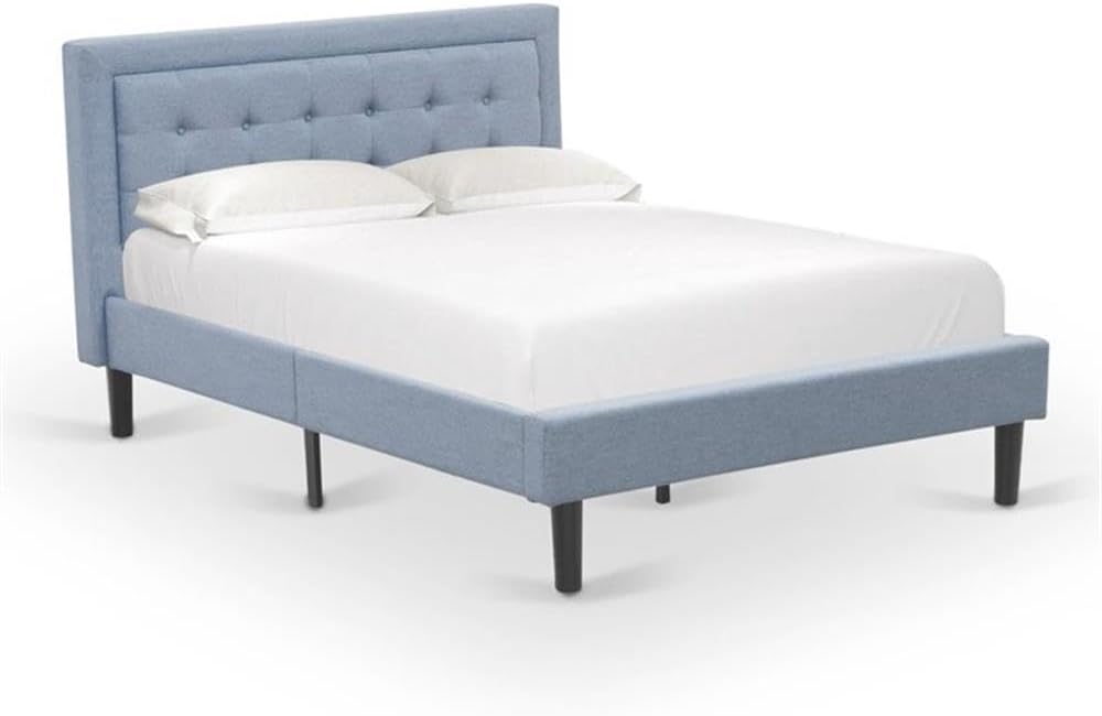 East West Furniture FN11F-1HA15 2-Piece Fannin Full Size Bedroom Set with 1 Wood Bed Frame and a Mid Century Modern Nightstand - Reliable and Durable Manufacturing - Denim Blue Linen Fabric