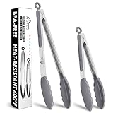 HOTEC Pinzas de cocina con cierre de acero inoxidable Pinzas de silicona, juego de 2-9 pulgadas y 12 pulgadas, gris claro