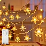 Kaleora LED Lichterkette mit Sternen und Schneeflocken, 3M 20 LED Weihnachten Lichterkette Batteriebetrieben, Warmweiß Dekorative Beleuchtung für Weihnachtsdekoration, Innen, Hochzeit, Party Deko