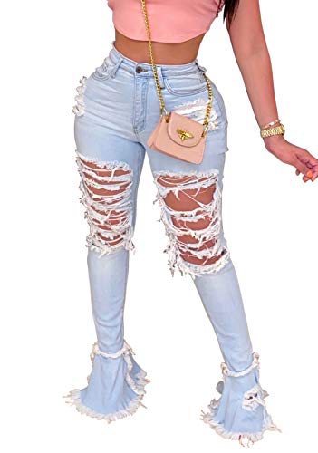 Women's Bell Bottom Jeans Destoryed Ripped Flare Jeans Elastic Waist Raw Hem Denim Pants
