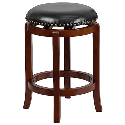 Flash Furniture Margaret 24'' High Backless Light Cherry Wood Counter Height Stool With Black Leathersoft Swivel Seat #TOP14