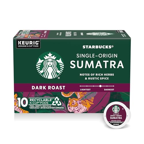 Starbucks K-Cup Coffee Pods, Dark Roast Hot or Iced Coffee, Single-Origin Sumatra, 10 Keurig Pods