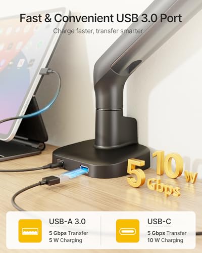 Image of monTEK Mechanical Spring Single Monitor Arm with USB for 40in Screen Black | Built-in One-Way Bearing, Holds 26.4 lbs, VESA 75 /100mm, C-Clamp /Grommet Base & Cable Management, Office, Home, Game