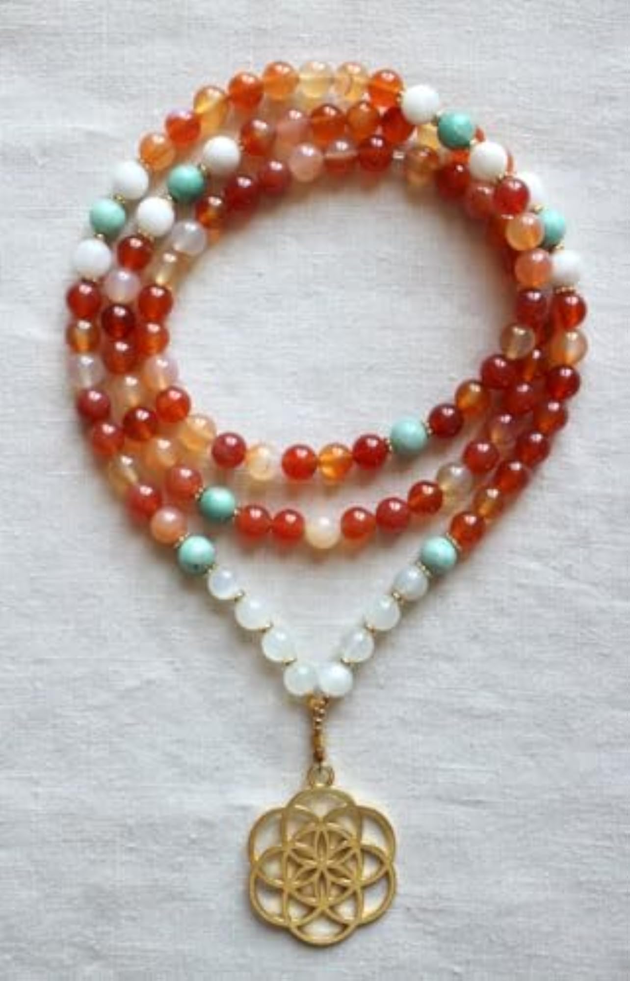 Natural Carnelian, Rainbow Moonstone & Amazonite 6MM Beaded Handmade Prayer Mala Necklace