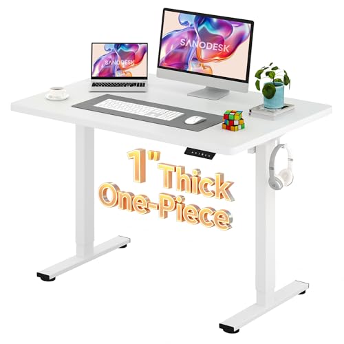 Image of SANODESK Electric Standing Desk 48 x 30 Inches Whole-Piece Desktop Height Adjustable Stand Up Desk w /6-Button Controller Ergonomic Computer Desk for Home Office, White Frame + White Tabletop