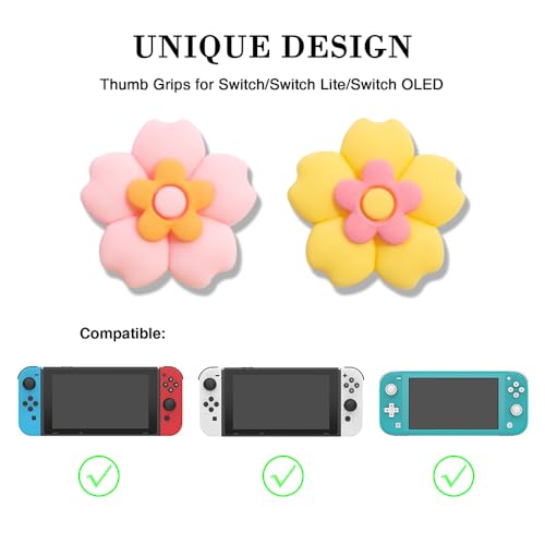 PERFECTSIGHT Switch Thumb Grips Caps, Cute Joystick Caps for Nintendo Switch Lite/Switch OLED, 4 PCS Thumbstick Cover, Analog Stick Button Cover for NS Joycon Controller (Pink+Yellow Sakura)