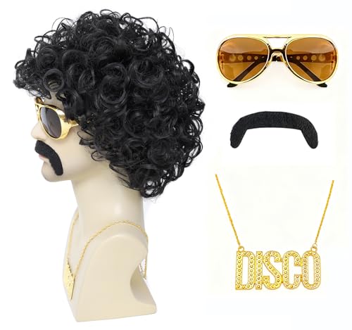 Image of 70s Disco Afro Curly Wig for Men - Short Fluffy Black Synthetic Wig for Halloween, 70s Party, Cosplay, Retro Costume (Black)