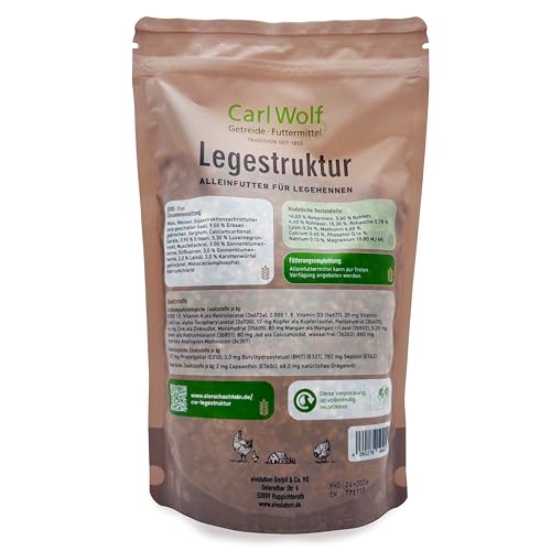 Carl Wolf Legestruktur - 800 g Beutel - Alleinfuttermittel für Legehennen & Hühner - mit Karotte & Oregano - enthält wichtigen Nährstoffe