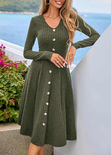 Lazysmile Long Sleeve Fall Winter Dresses for Women V Neck Button Down A Line Swing Casual Knit Sweater Dress Army Green — view 6