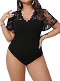 Milumia Women's Plus Size Lace Sheer Mesh Bodysuit Short Sleeve Shapewear Jumpsuit Going Out Top